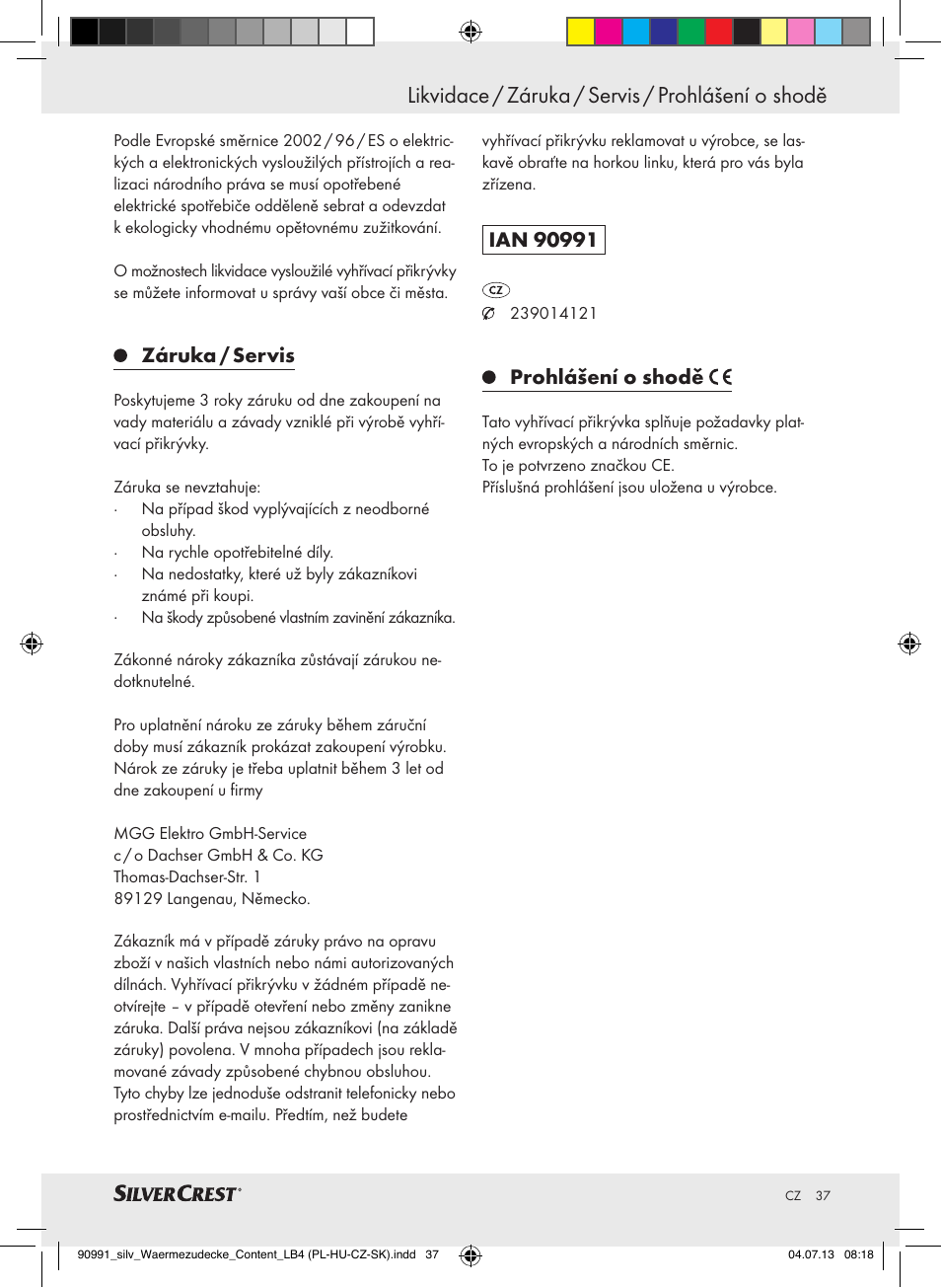 Záruka / servis, Prohlášení o shodě | Silvercrest SWD 100 B2 User Manual | Page 37 / 57