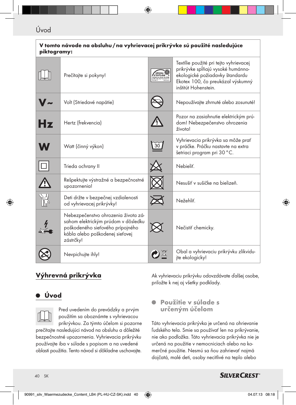 Úvod / dôležité bezpečnostné upozornenia úvod, Výhrevná prikrývka úvod, Použitie v súlade s určeným účelom | Silvercrest SWD 100 B2 User Manual | Page 40 / 57