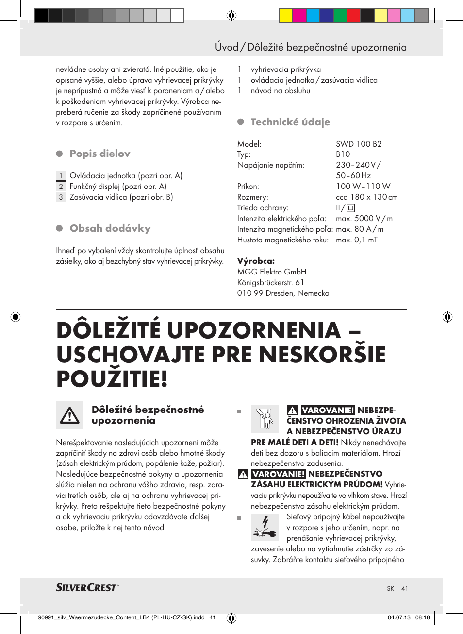 Úvod / dôležité bezpečnostné upozornenia úvod | Silvercrest SWD 100 B2 User Manual | Page 41 / 57