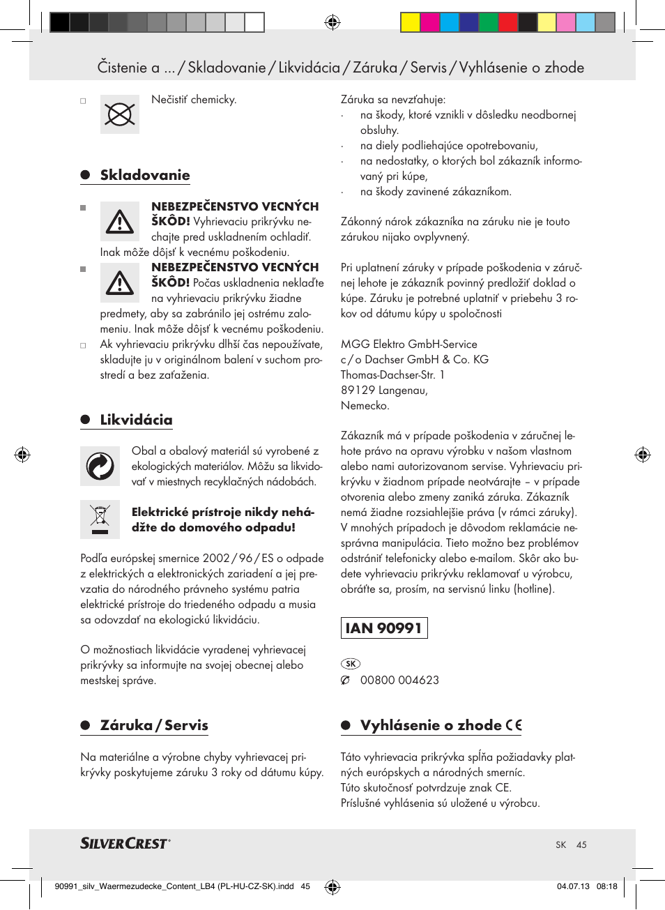 Skladovanie, Likvidácia, Záruka / servis | Vyhlásenie o zhode | Silvercrest SWD 100 B2 User Manual | Page 45 / 57