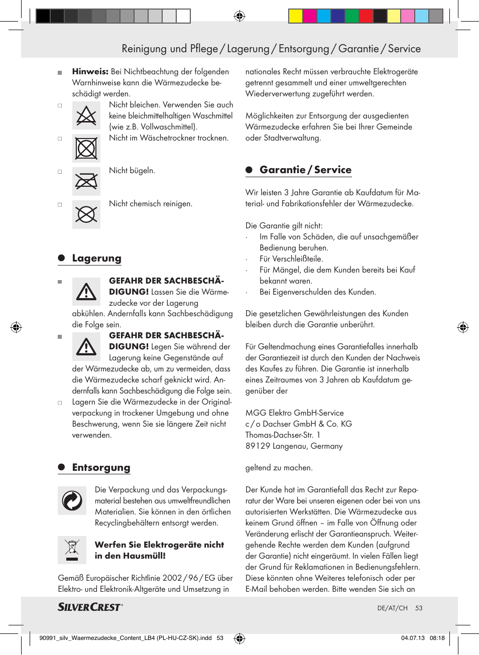 Lagerung, Entsorgung, Garantie / service | Silvercrest SWD 100 B2 User Manual | Page 53 / 57