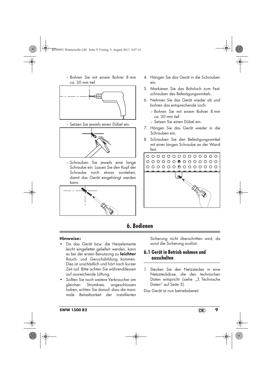 Bedienen, 1 gerät in betrieb nehmen und ausschalten | Silvercrest SWW 1500 B2 User Manual | Page 11 / 70