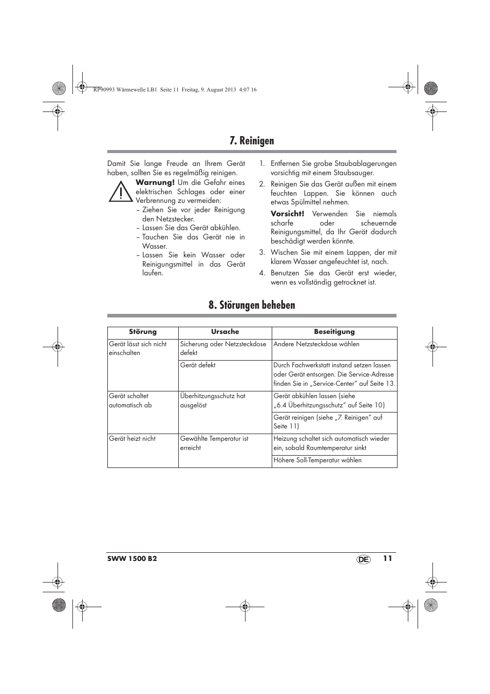 Reinigen, Störungen beheben | Silvercrest SWW 1500 B2 User Manual | Page 13 / 70