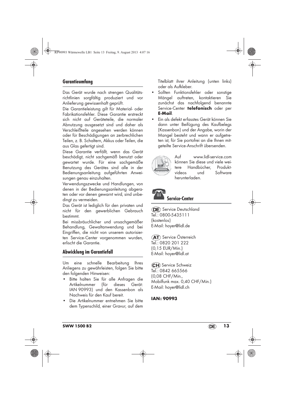 Garantieumfang, Abwicklung im garantiefall, Service-center | Silvercrest SWW 1500 B2 User Manual | Page 15 / 70