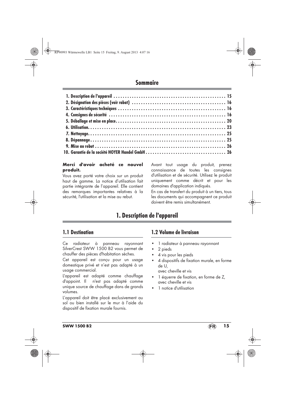 Sommaire, Description de l'appareil | Silvercrest SWW 1500 B2 User Manual | Page 17 / 70