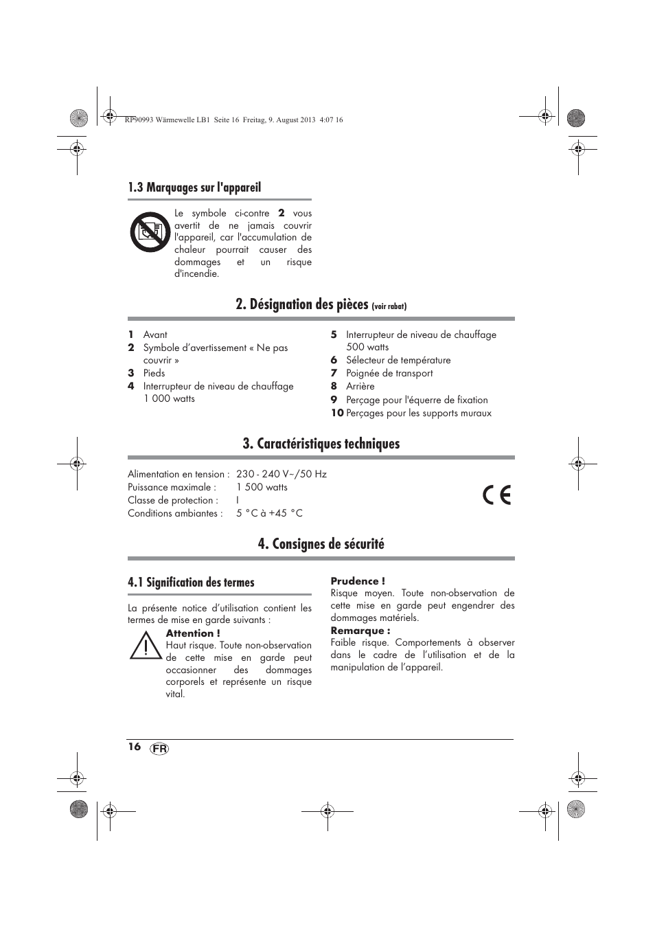 Désignation des pièces, Caractéristiques techniques, Consignes de sécurité | 3 marquages sur l'appareil, 1 signification des termes | Silvercrest SWW 1500 B2 User Manual | Page 18 / 70