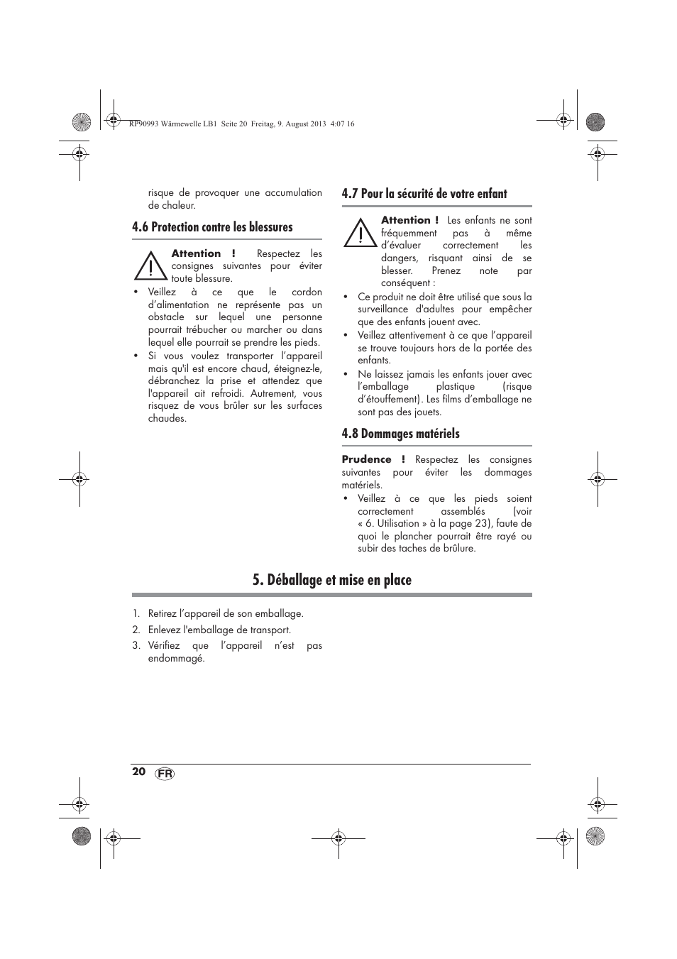 Déballage et mise en place, 6 protection contre les blessures, 7 pour la sécurité de votre enfant | 8 dommages matériels | Silvercrest SWW 1500 B2 User Manual | Page 22 / 70