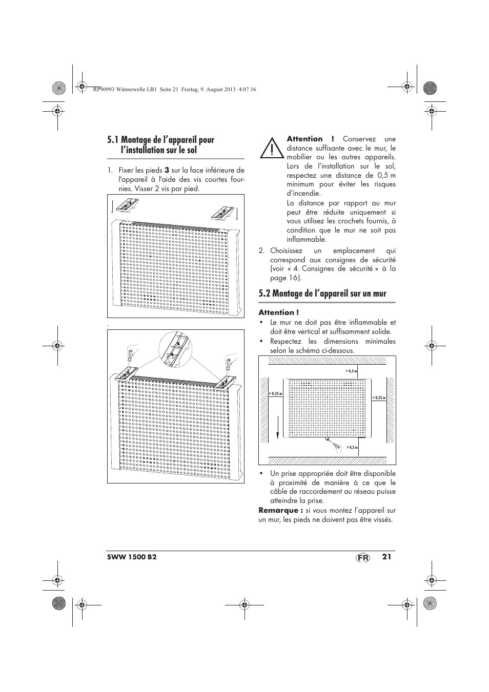 2 montage de l’appareil sur un mur | Silvercrest SWW 1500 B2 User Manual | Page 23 / 70