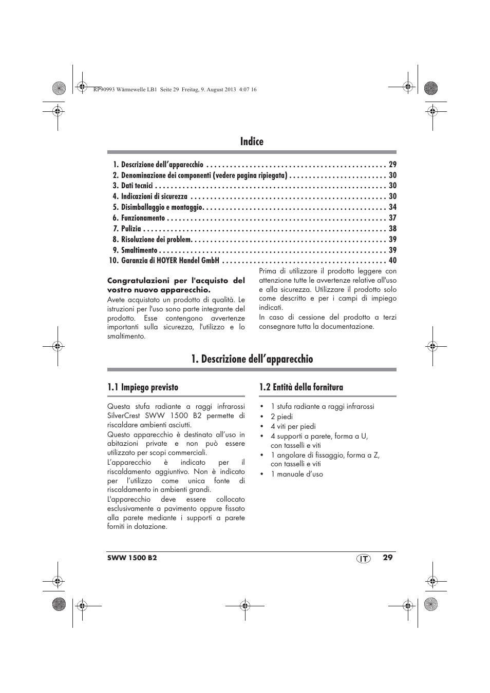 Indice, Descrizione dell’apparecchio | Silvercrest SWW 1500 B2 User Manual | Page 31 / 70