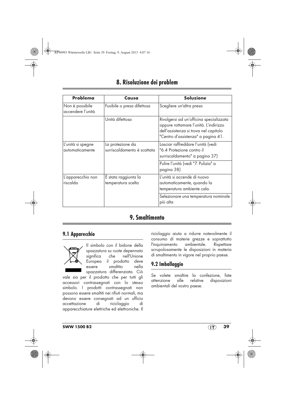 Risoluzione dei problem 9. smaltimento, 1 apparecchio, 2 imballaggio | Silvercrest SWW 1500 B2 User Manual | Page 41 / 70