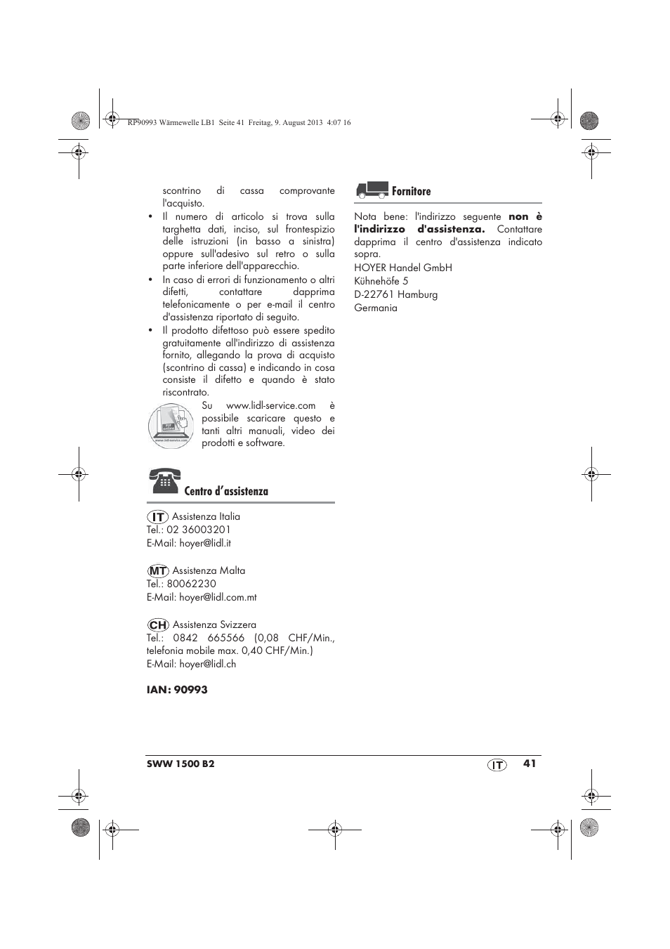Centro d’assistenza, Fornitore | Silvercrest SWW 1500 B2 User Manual | Page 43 / 70