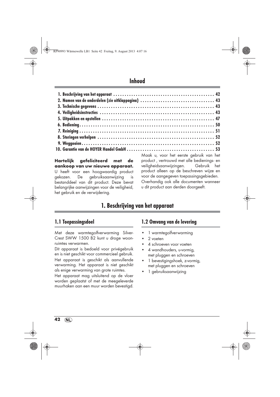 Inhoud, Beschrijving van het apparaat | Silvercrest SWW 1500 B2 User Manual | Page 44 / 70