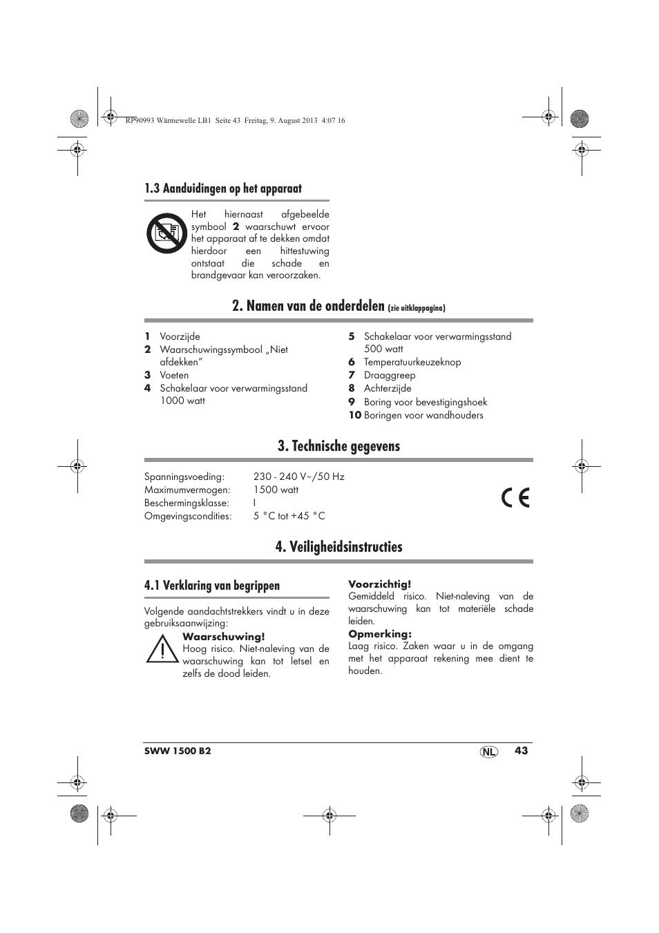 Namen van de onderdelen, Technische gegevens, Veiligheidsinstructies | 3 aanduidingen op het apparaat, 1 verklaring van begrippen | Silvercrest SWW 1500 B2 User Manual | Page 45 / 70