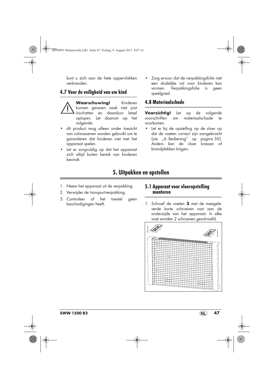 Uitpakken en opstellen, 7 voor de veiligheid van uw kind, 8 materiaalschade | 1 apparaat voor vloeropstelling monteren | Silvercrest SWW 1500 B2 User Manual | Page 49 / 70