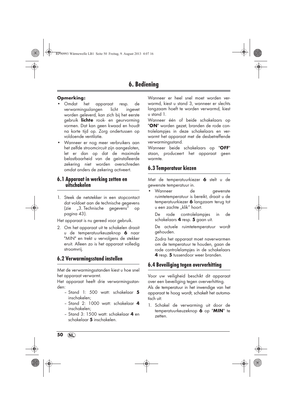 Bediening, 1 apparaat in werking zetten en uitschakelen, 2 verwarmingsstand instellen | 3 temperatuur kiezen, 4 beveiliging tegen oververhitting | Silvercrest SWW 1500 B2 User Manual | Page 52 / 70