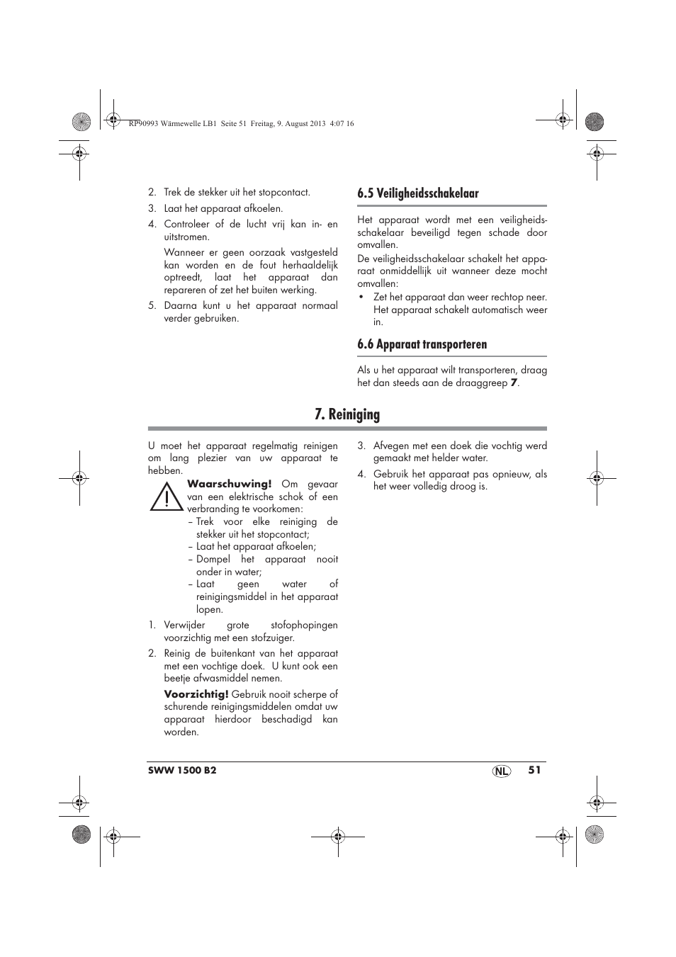 Reiniging, 5 veiligheidsschakelaar, 6 apparaat transporteren | Silvercrest SWW 1500 B2 User Manual | Page 53 / 70