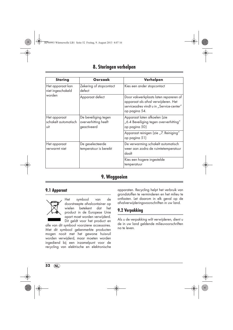 Storingen verhelpen 9. weggooien, 1 apparaat, 2 verpakking | Silvercrest SWW 1500 B2 User Manual | Page 54 / 70