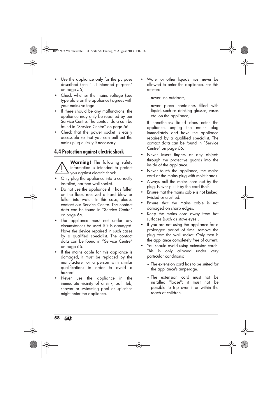 4 protection against electric shock | Silvercrest SWW 1500 B2 User Manual | Page 60 / 70