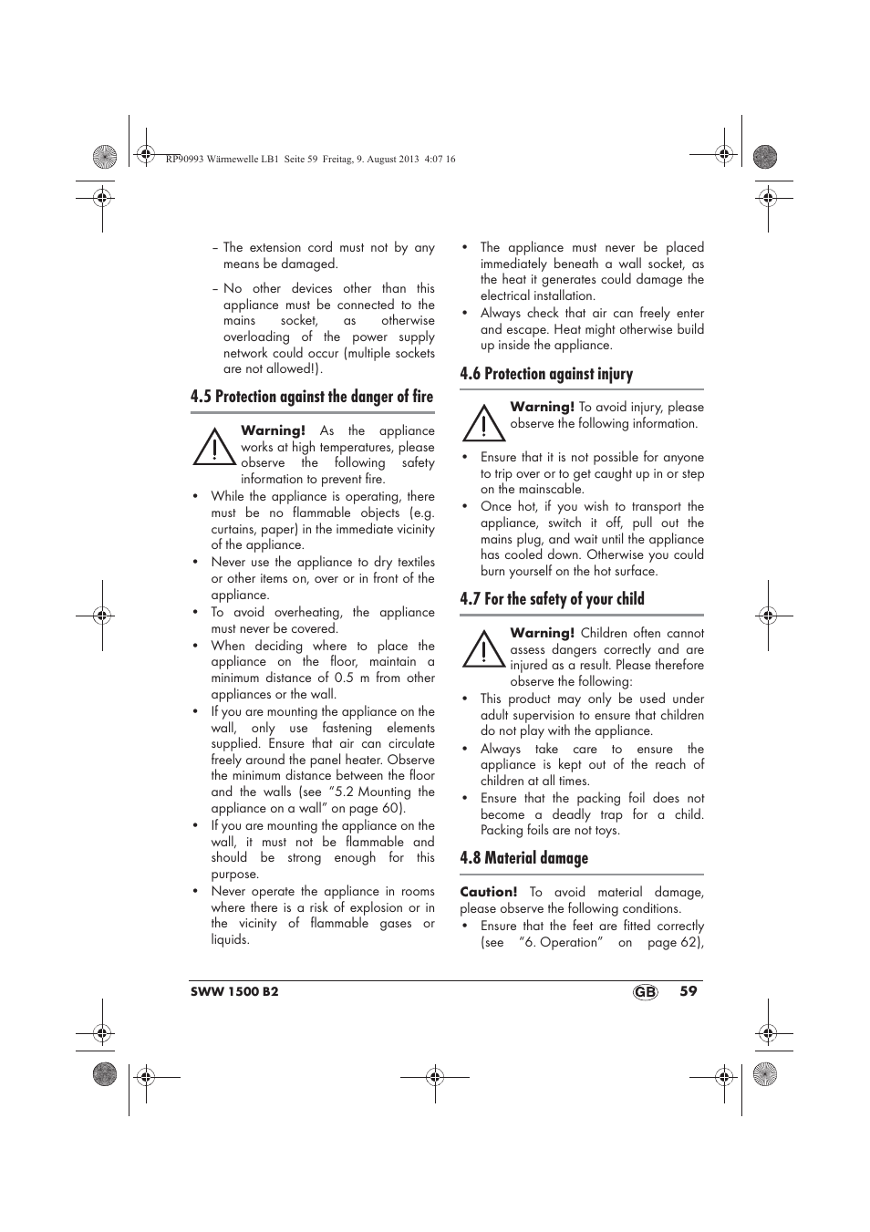 5 protection against the danger of fire, 6 protection against injury, 7 for the safety of your child | 8 material damage | Silvercrest SWW 1500 B2 User Manual | Page 61 / 70