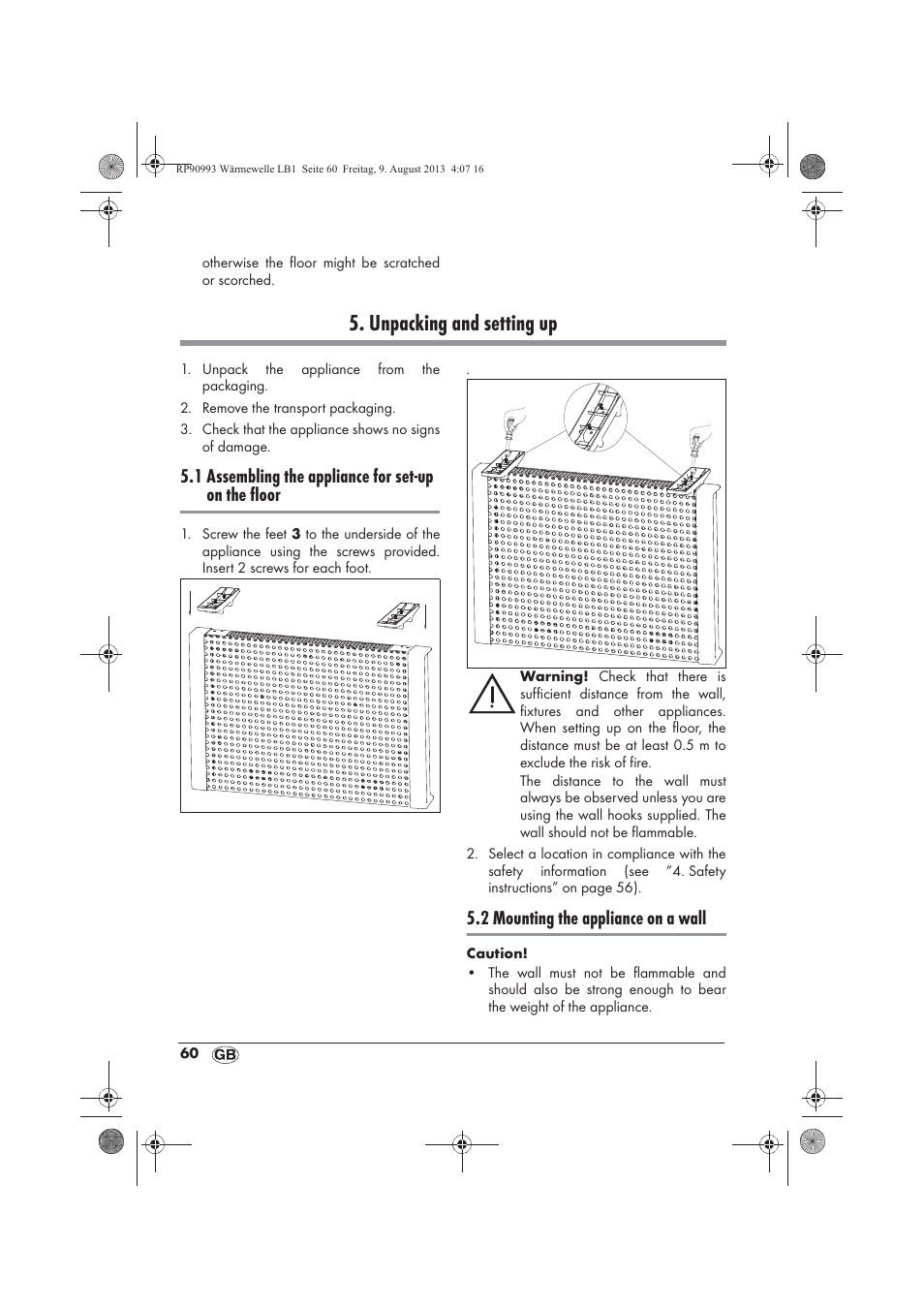 Unpacking and setting up, 1 assembling the appliance for set-up on the floor, 2 mounting the appliance on a wall | Silvercrest SWW 1500 B2 User Manual | Page 62 / 70