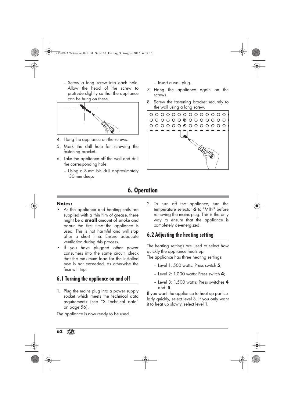 Operation, 1 turning the appliance on and off, 2 adjusting the heating setting | Silvercrest SWW 1500 B2 User Manual | Page 64 / 70