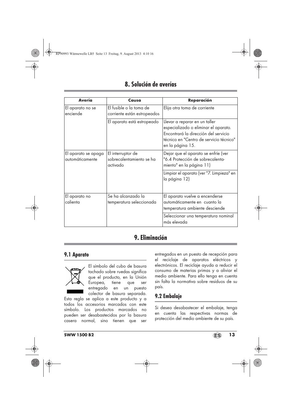 Solución de averías 9. eliminación, 1 aparato, 2 embalaje | Silvercrest SWW 1500 B2 User Manual | Page 15 / 70