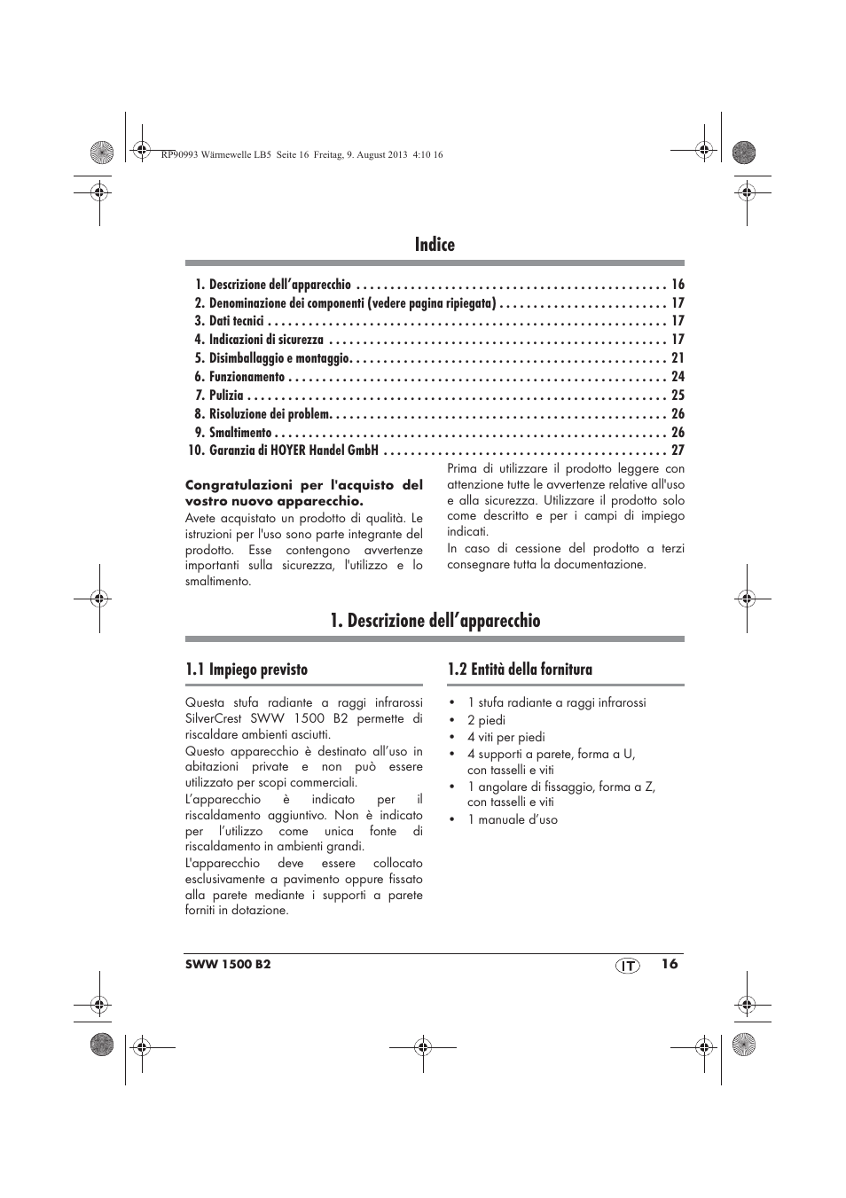 Indice, Descrizione dell’apparecchio | Silvercrest SWW 1500 B2 User Manual | Page 18 / 70