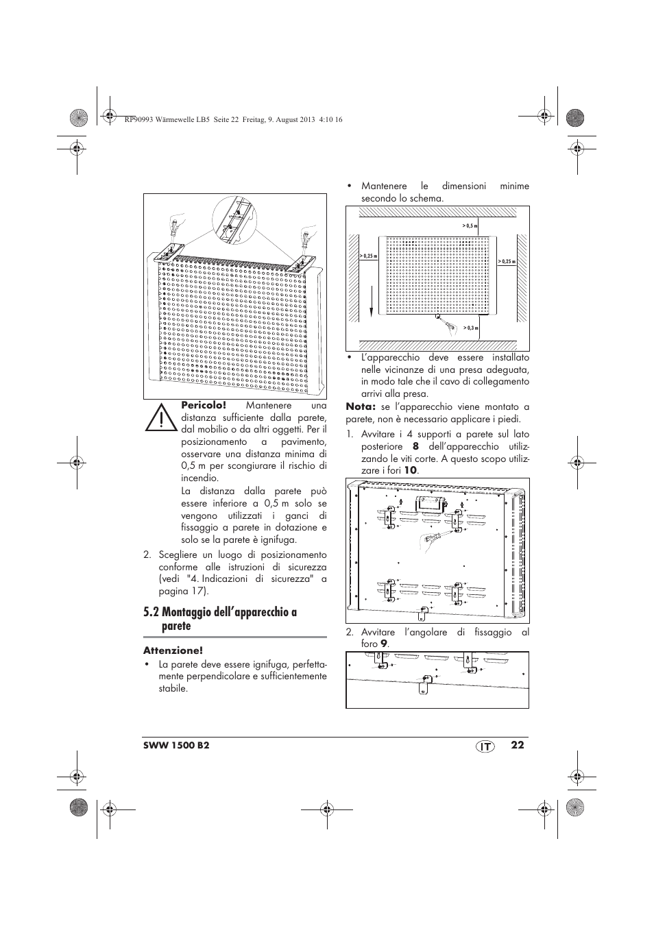 2 montaggio dell’apparecchio a parete | Silvercrest SWW 1500 B2 User Manual | Page 24 / 70