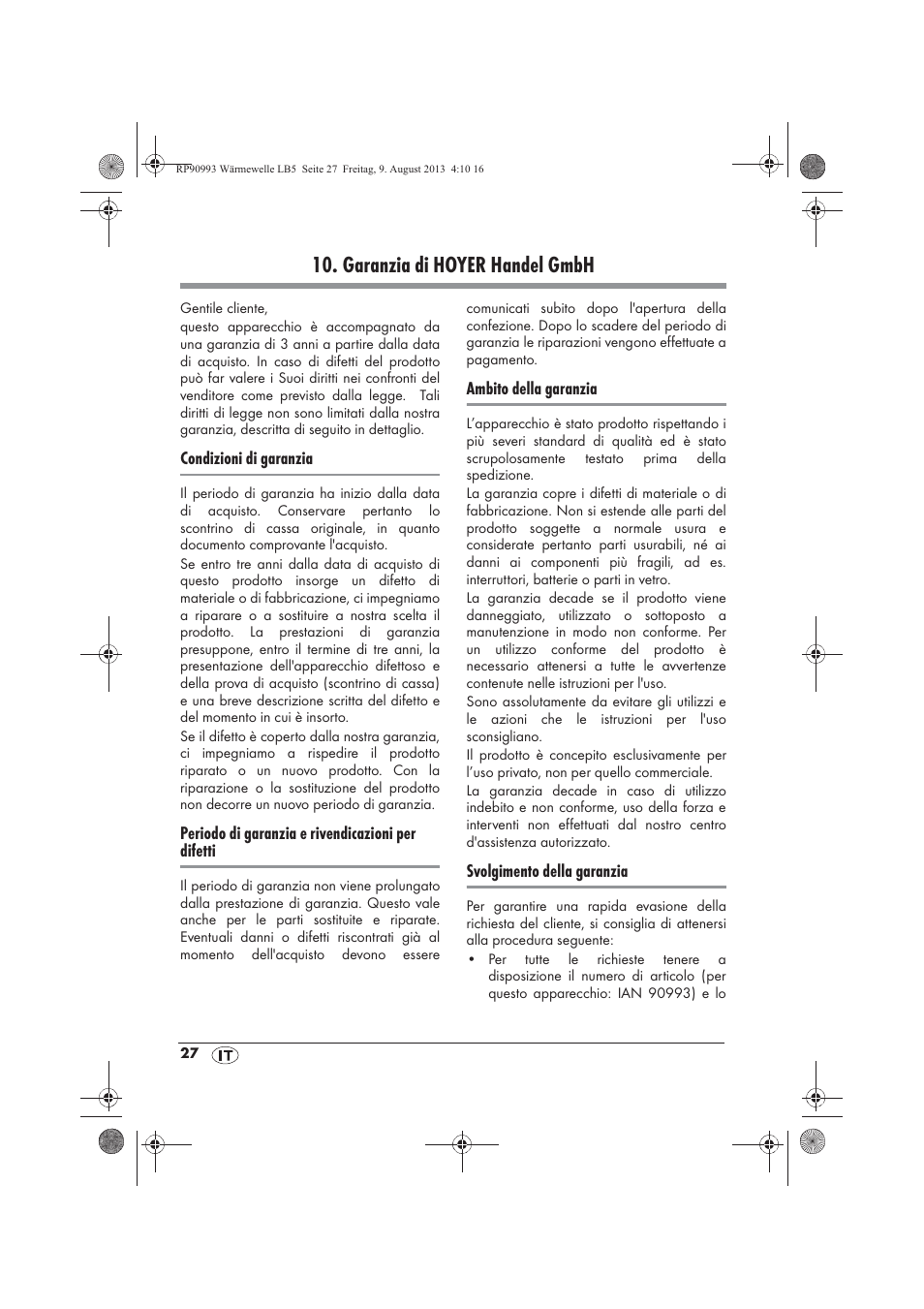 Garanzia di hoyer handel gmbh | Silvercrest SWW 1500 B2 User Manual | Page 29 / 70
