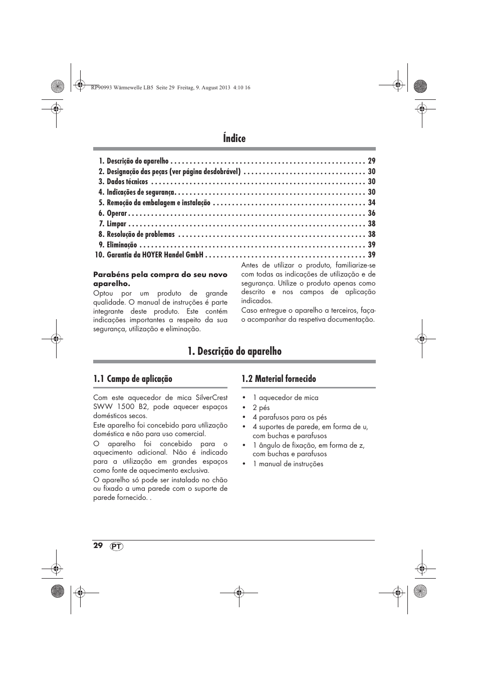 Índice, Descrição do aparelho | Silvercrest SWW 1500 B2 User Manual | Page 31 / 70