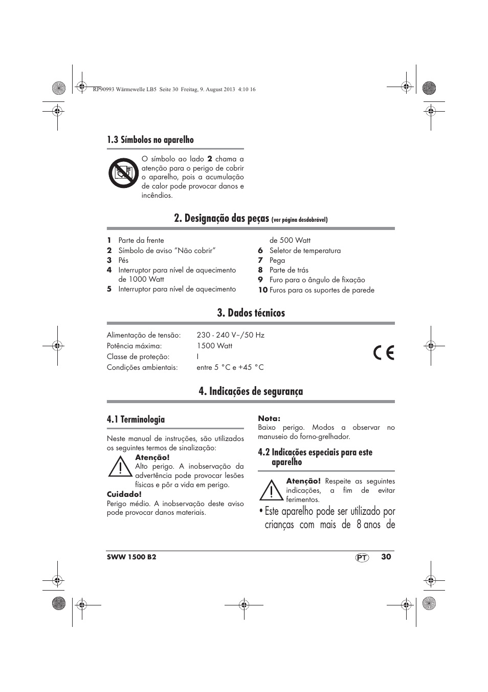 Designação das peças, Dados técnicos, Indicações de segurança | Silvercrest SWW 1500 B2 User Manual | Page 32 / 70