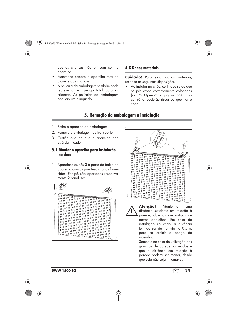 Remoção da embalagem e instalação, 8 danos materiais, 1 montar o aparelho para instalação no chão | Silvercrest SWW 1500 B2 User Manual | Page 36 / 70