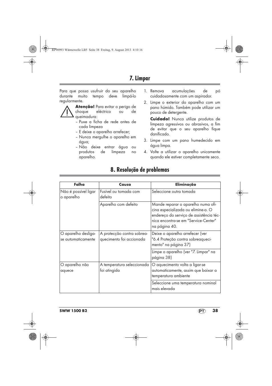 Limpar, Resolução de problemas | Silvercrest SWW 1500 B2 User Manual | Page 40 / 70