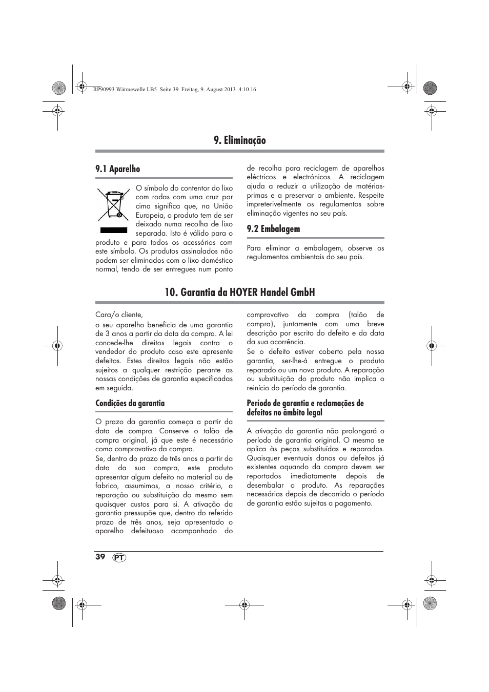 Eliminação, Garantia da hoyer handel gmbh | Silvercrest SWW 1500 B2 User Manual | Page 41 / 70