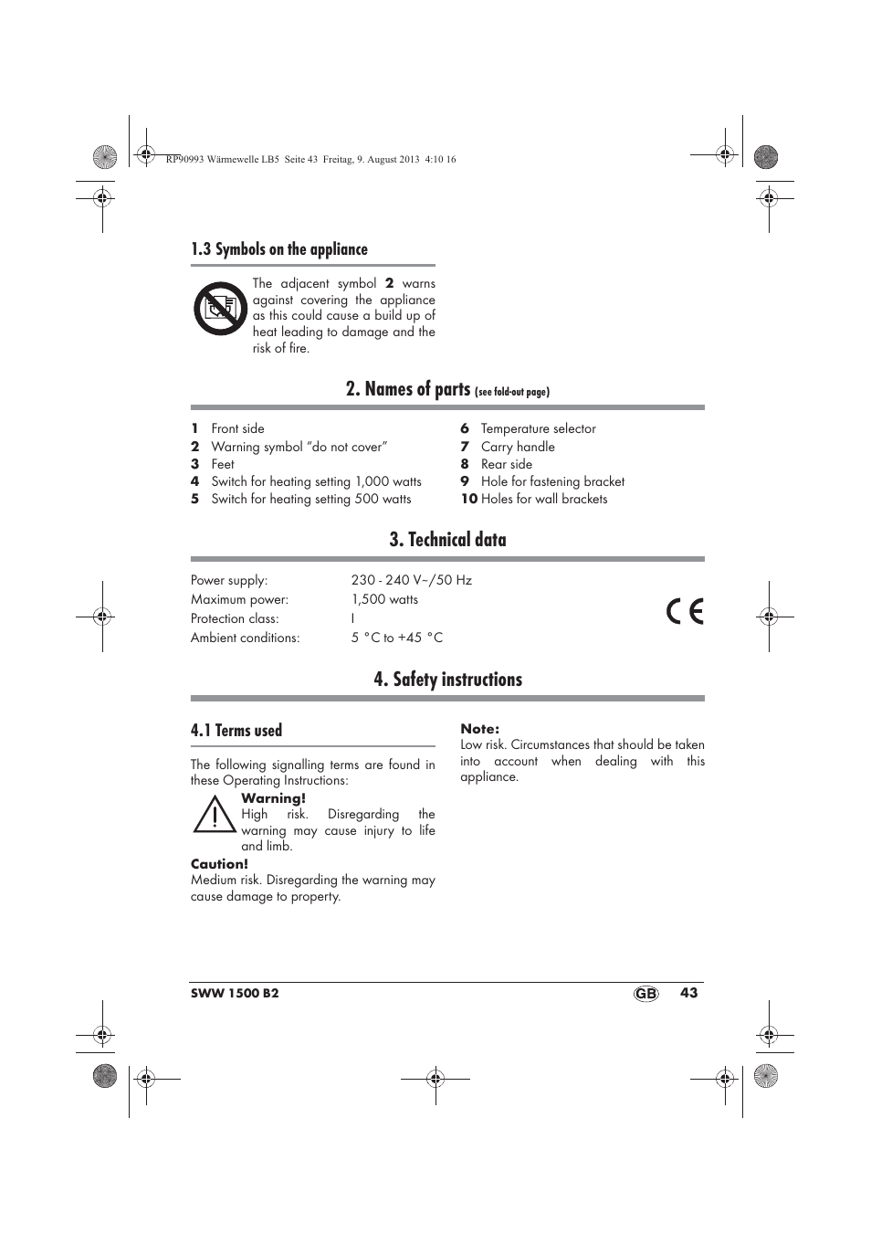 Names of parts, Technical data, Safety instructions | 3 symbols on the appliance, 1 terms used | Silvercrest SWW 1500 B2 User Manual | Page 45 / 70