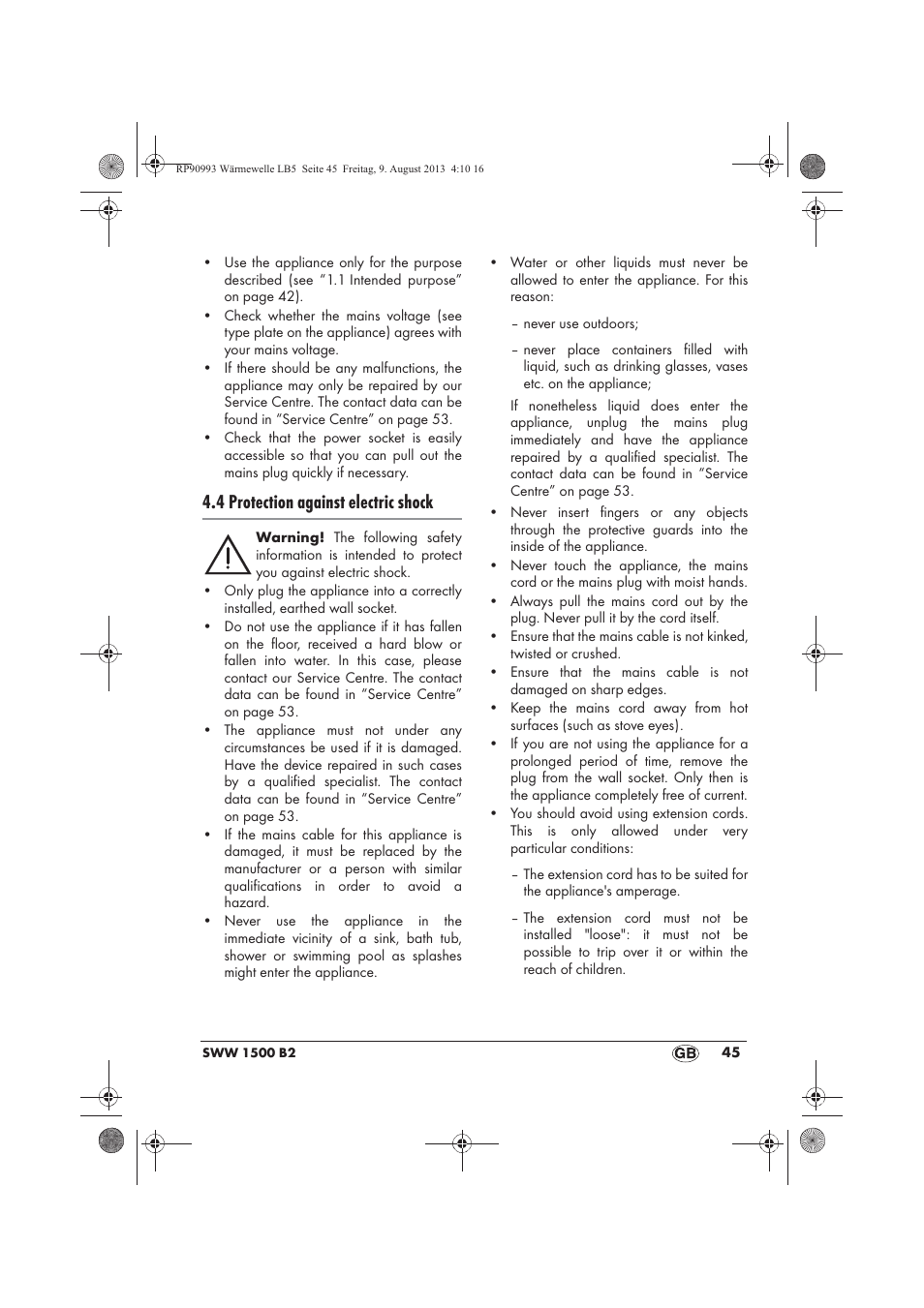 4 protection against electric shock | Silvercrest SWW 1500 B2 User Manual | Page 47 / 70