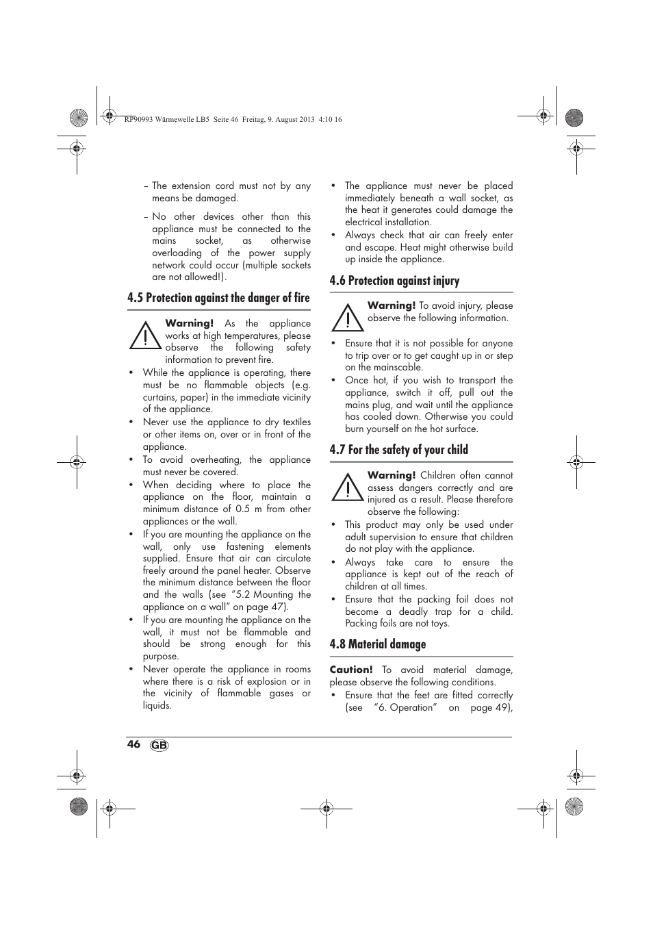 5 protection against the danger of fire, 6 protection against injury, 7 for the safety of your child | 8 material damage | Silvercrest SWW 1500 B2 User Manual | Page 48 / 70