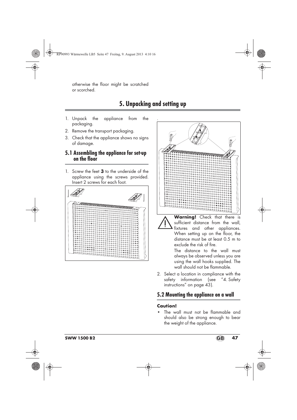 Unpacking and setting up, 1 assembling the appliance for set-up on the floor, 2 mounting the appliance on a wall | Silvercrest SWW 1500 B2 User Manual | Page 49 / 70