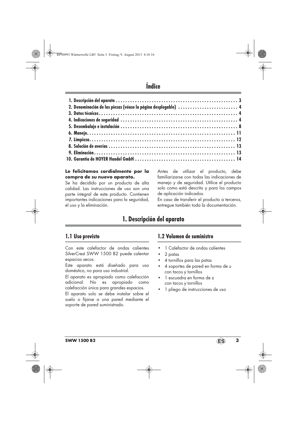 Índice, Descripción del aparato | Silvercrest SWW 1500 B2 User Manual | Page 5 / 70