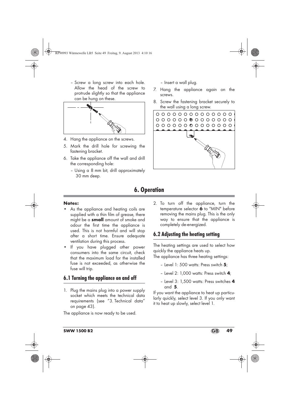 Operation, 1 turning the appliance on and off, 2 adjusting the heating setting | Silvercrest SWW 1500 B2 User Manual | Page 51 / 70