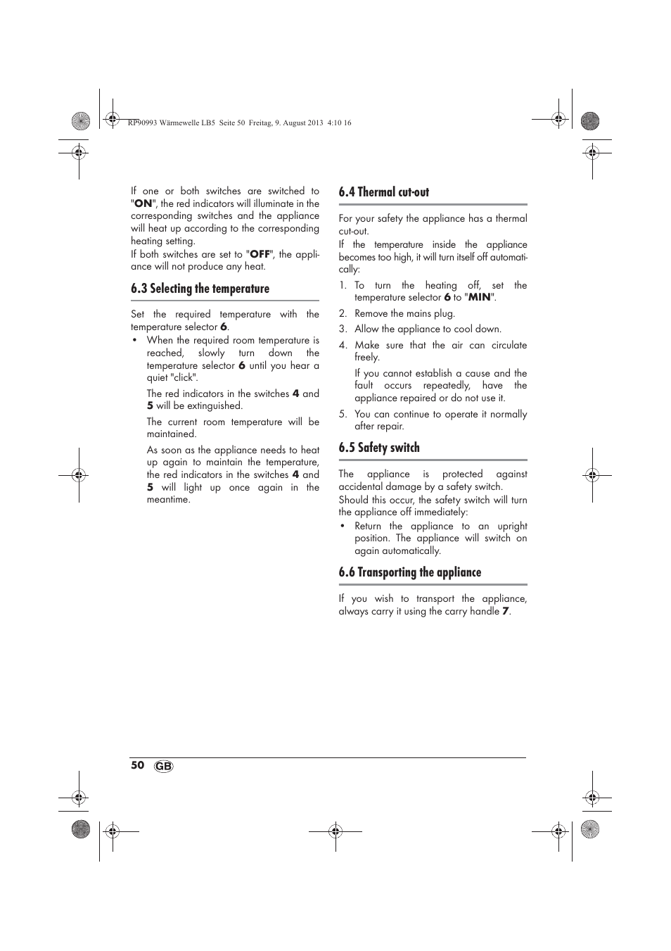 3 selecting the temperature, 4 thermal cut-out, 5 safety switch | 6 transporting the appliance | Silvercrest SWW 1500 B2 User Manual | Page 52 / 70