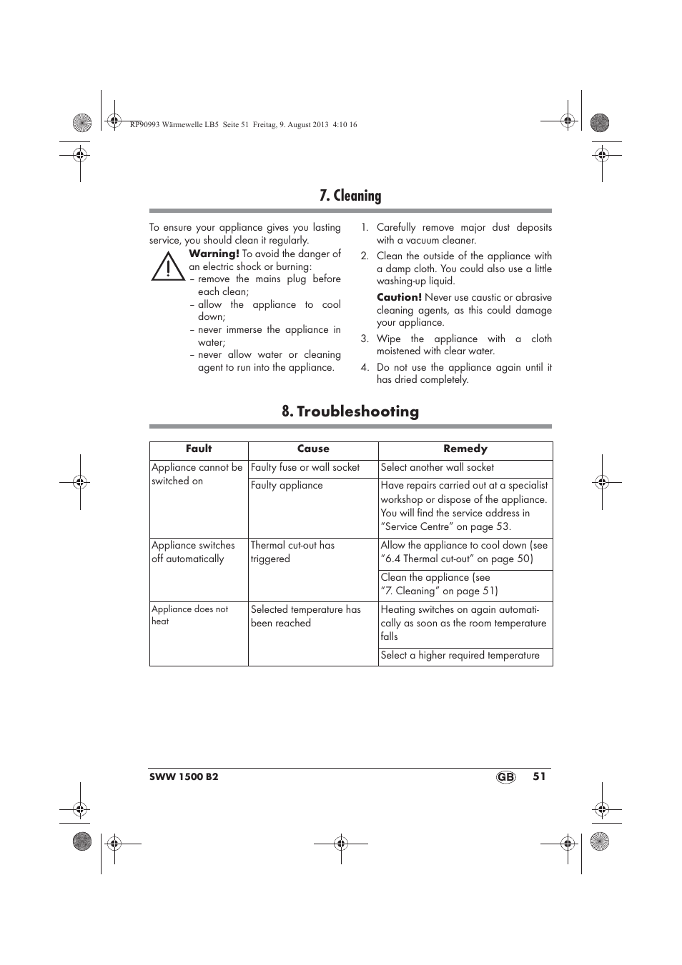 Cleaning, Troubleshooting | Silvercrest SWW 1500 B2 User Manual | Page 53 / 70