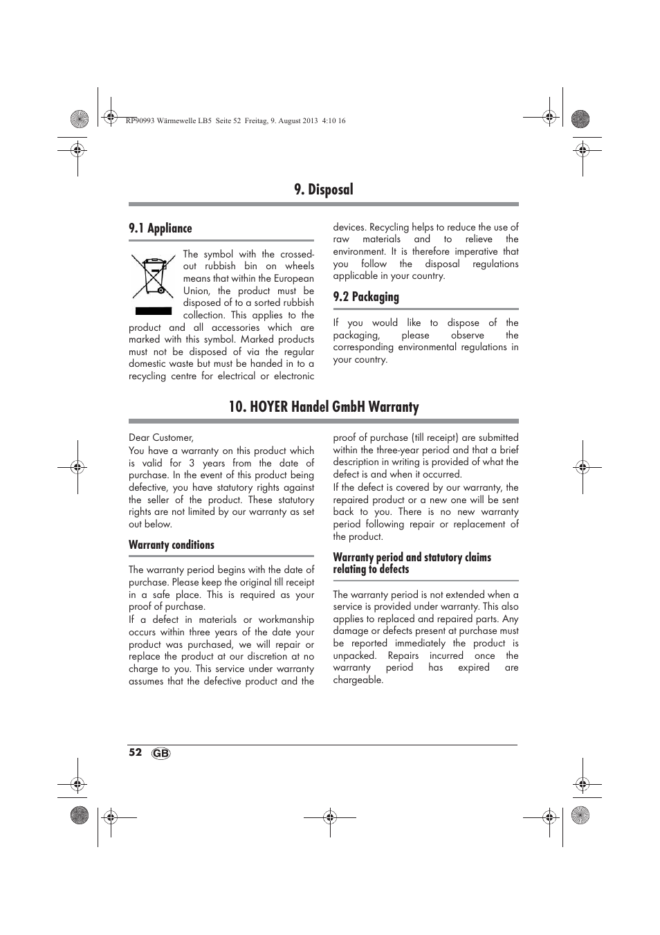 Disposal, Hoyer handel gmbh warranty | Silvercrest SWW 1500 B2 User Manual | Page 54 / 70