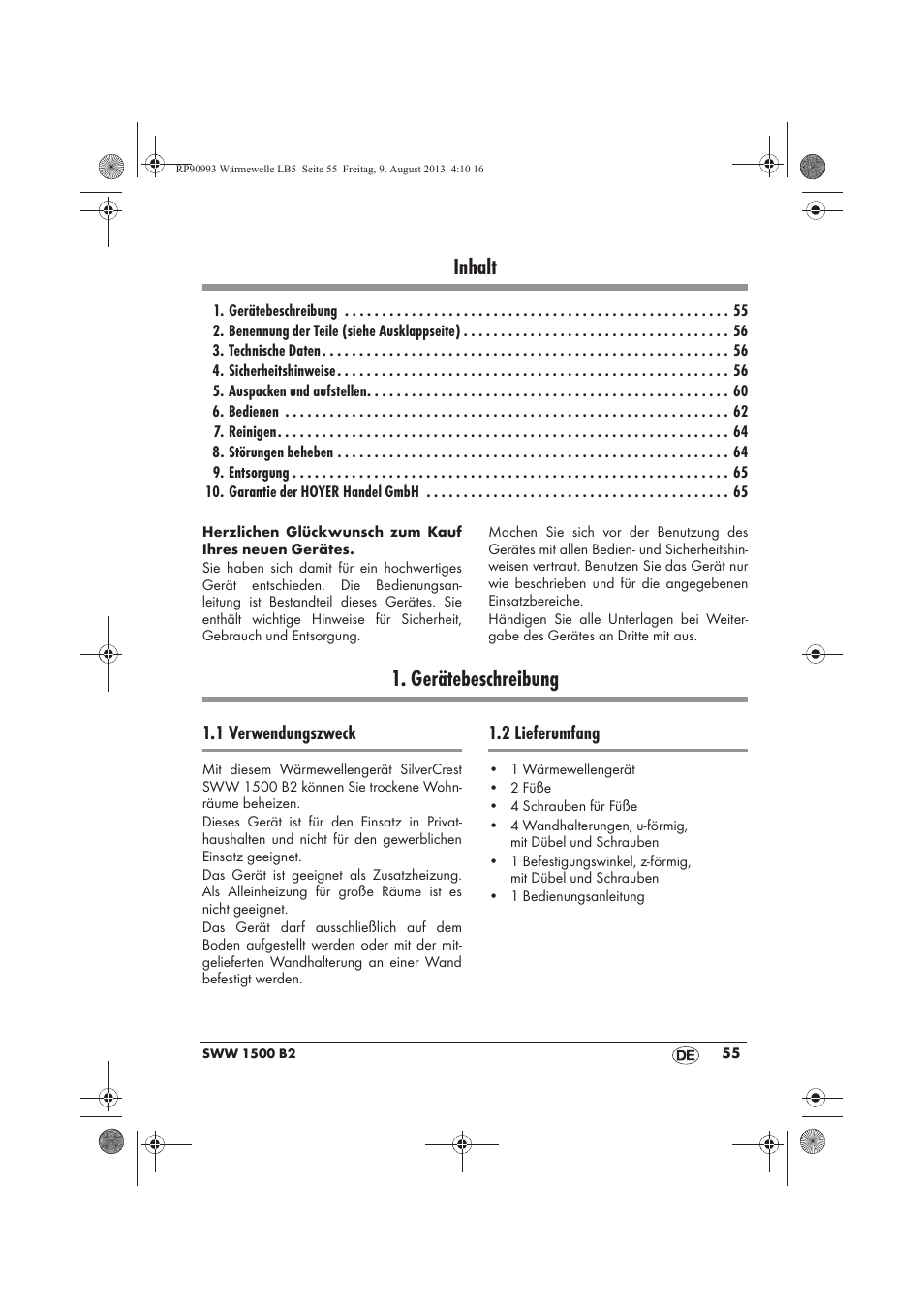 Inhalt, Gerätebeschreibung | Silvercrest SWW 1500 B2 User Manual | Page 57 / 70