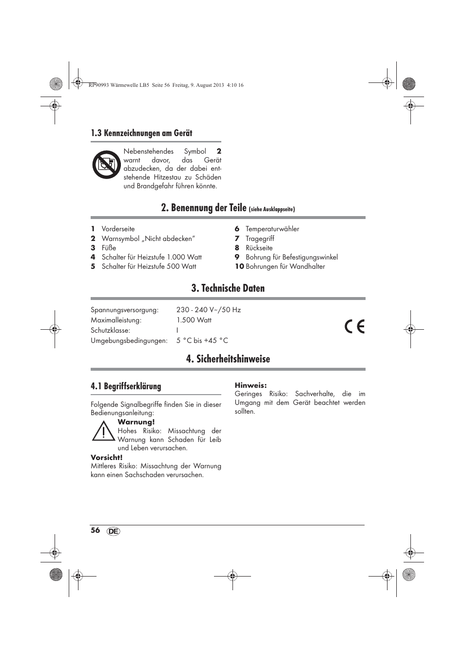 Benennung der teile, Technische daten, Sicherheitshinweise | 3 kennzeichnungen am gerät, 1 begriffserklärung | Silvercrest SWW 1500 B2 User Manual | Page 58 / 70