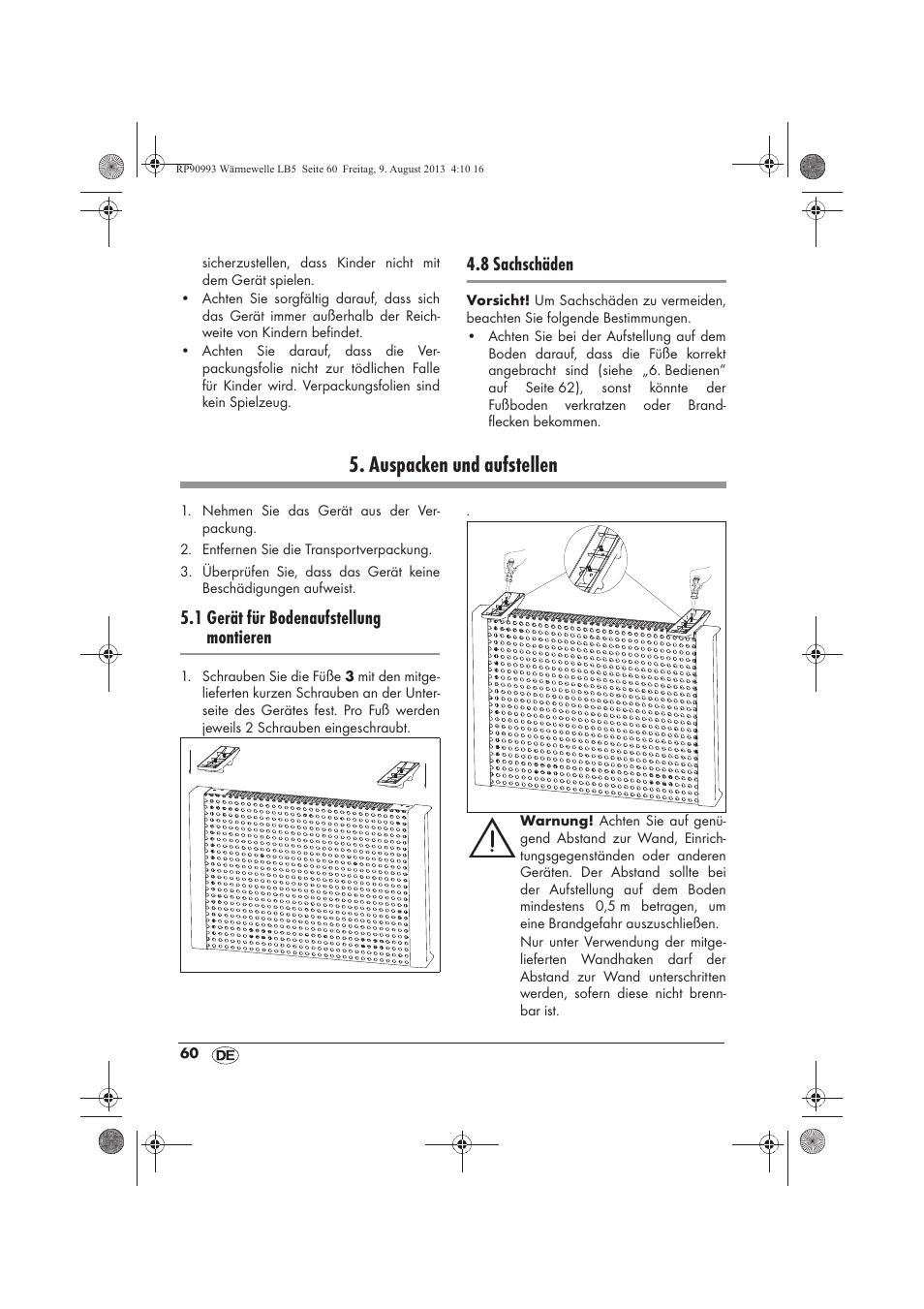 Auspacken und aufstellen, 8 sachschäden, 1 gerät für bodenaufstellung montieren | Silvercrest SWW 1500 B2 User Manual | Page 62 / 70