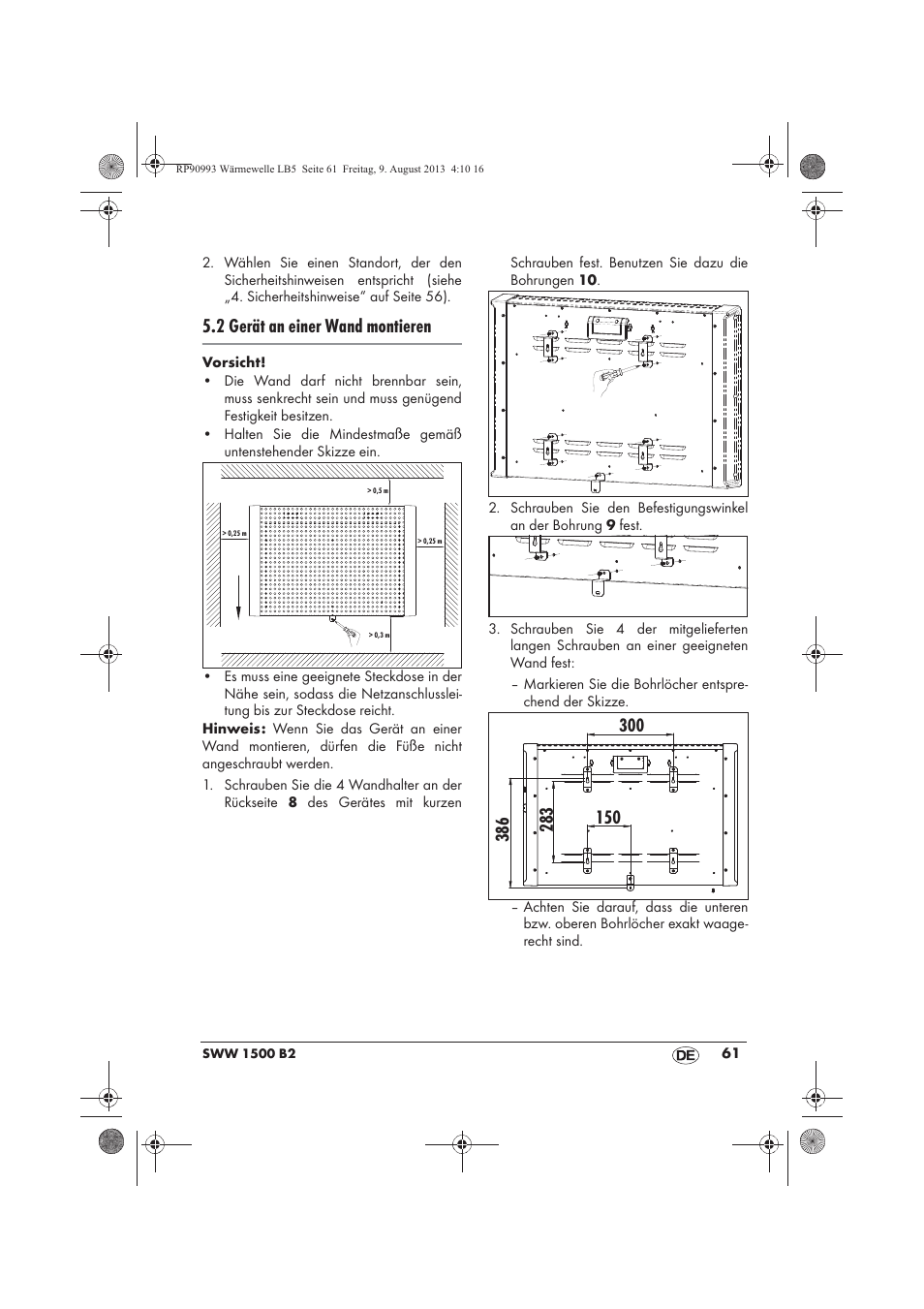 2 gerät an einer wand montieren | Silvercrest SWW 1500 B2 User Manual | Page 63 / 70
