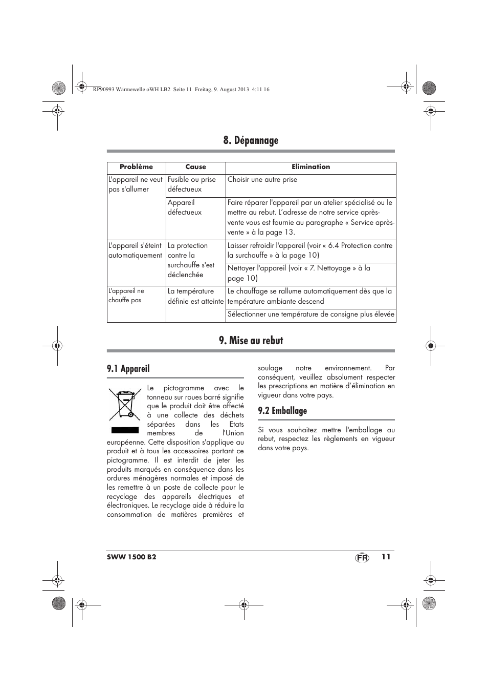 Dépannage 9. mise au rebut, 1 appareil, 2 emballage | Silvercrest SWW 1500 B2 User Manual | Page 13 / 50