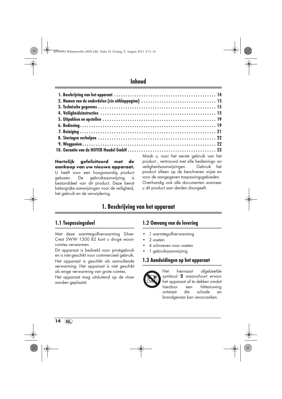 Inhoud, Beschrijving van het apparaat | Silvercrest SWW 1500 B2 User Manual | Page 16 / 50