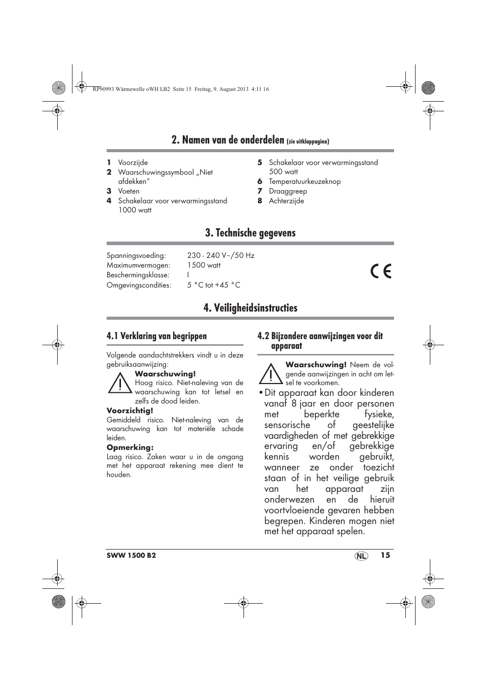 Namen van de onderdelen, Technische gegevens, Veiligheidsinstructies | 1 verklaring van begrippen, 2 bijzondere aanwijzingen voor dit apparaat | Silvercrest SWW 1500 B2 User Manual | Page 17 / 50